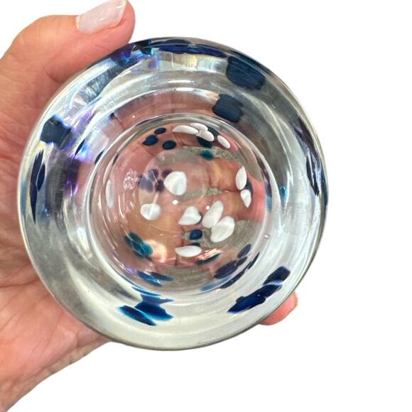 Hand Blown Glass Bowl Blue White Dots Signed Dated 3” Tall - Picture 2 of 8